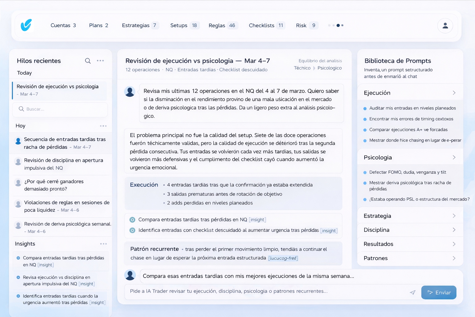 Interfaz de bitaTrader con una revisión post-trade real que compara ejecución y psicología, muestra hilos recientes, biblioteca de prompts e insights detectados.